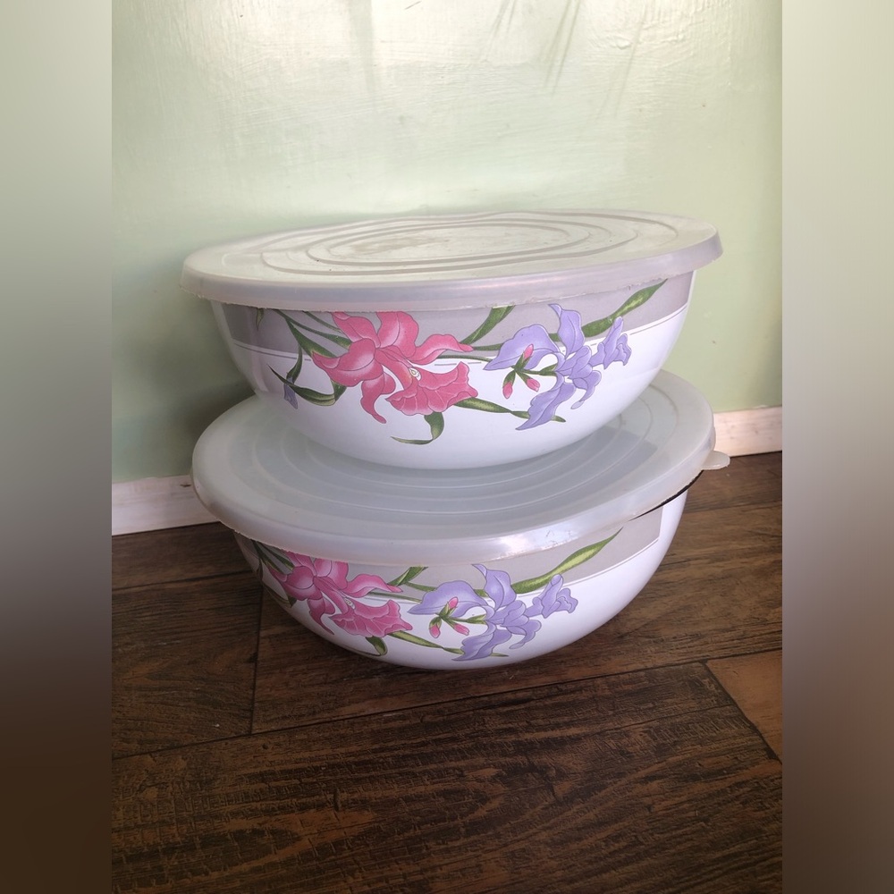 Vintage GMI Floral Enamelware Nesting Mixing Bowls Pink Lavender Iris, Set Of 2